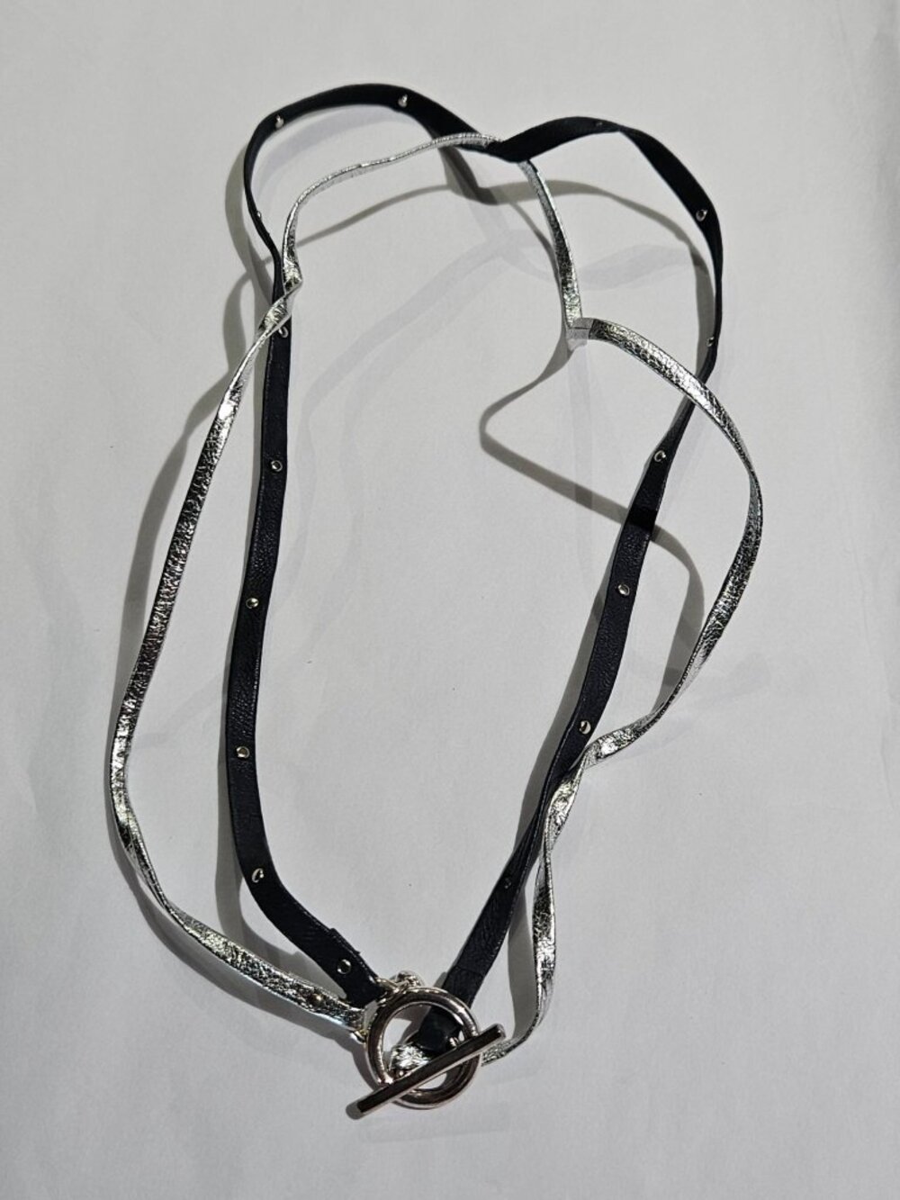 2 Strand Faux Leather Necklace Black Silvertone Toggle Clasp 18 inches Long
